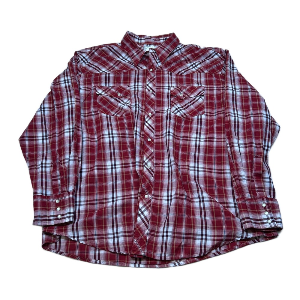 Wrangler Rancher Western Shirt Mens XL Burgundy Plaid Long Sleeve Button‎ Up